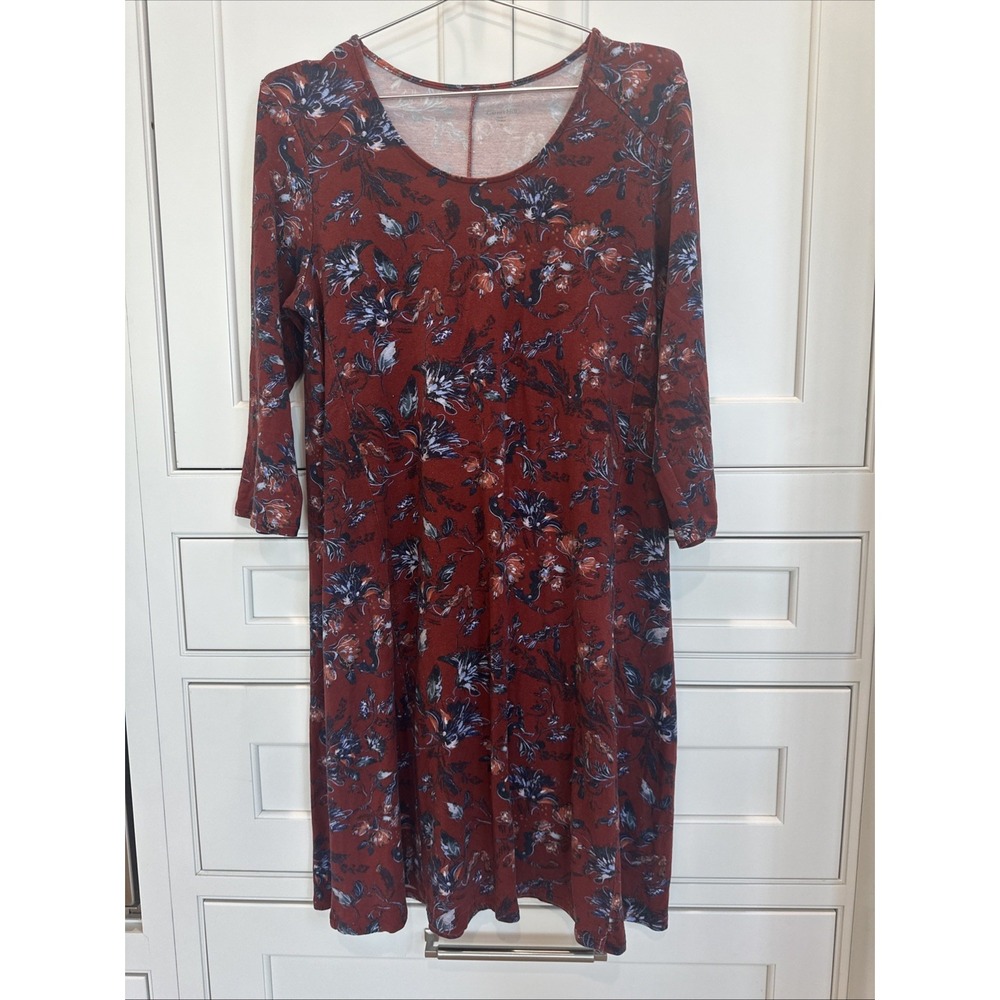 GARNET HILL Dark Floral Seamed Knit Trapeze Dress 3/4 Sleeve Rust Red SZ M Fall